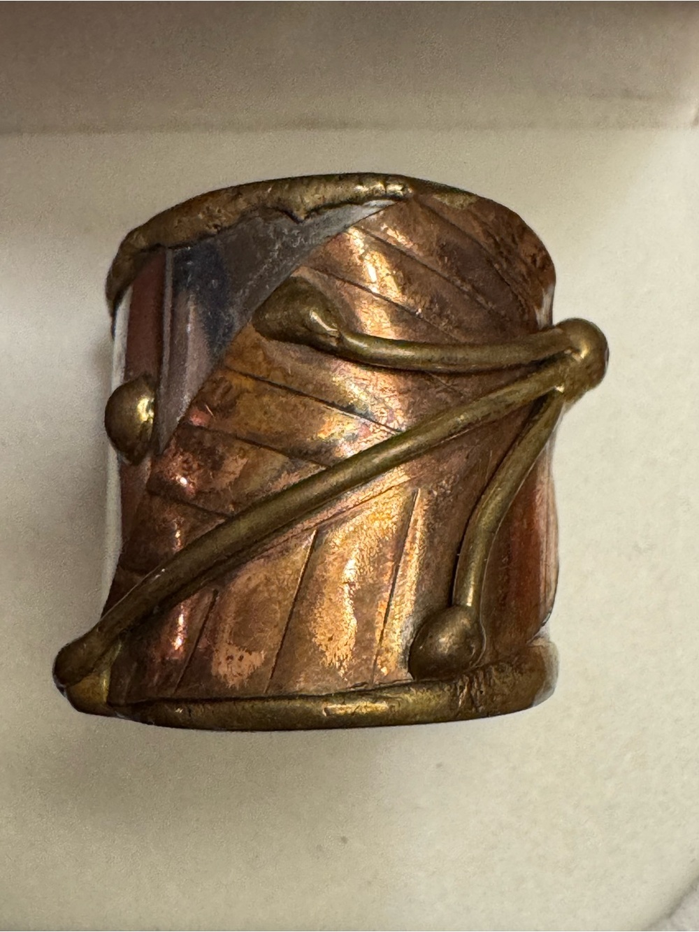 Artisan Sterling Silver Copper Leaf Mixed Metal Wide Band Ring - Size 8